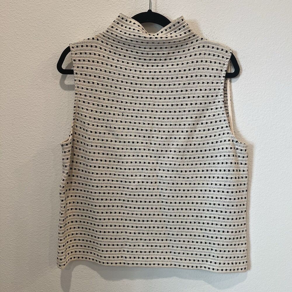 St John Knit Top Womens Size L Black Cream Sleeveless Mock Neck Textured